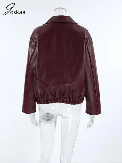 Women's Faux Leather Long Sleeve Zip Jacket Red – Detail View