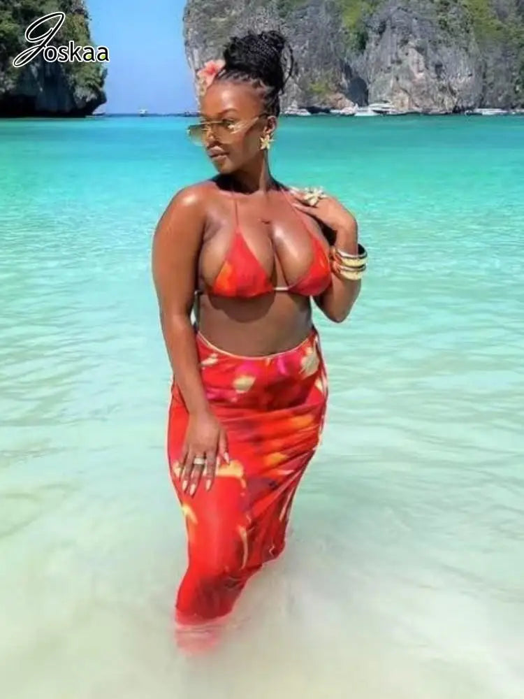 Women's Halter Maxi Two Piece Aesthetic Bikini Set Flower Color 3Pcs – Back View