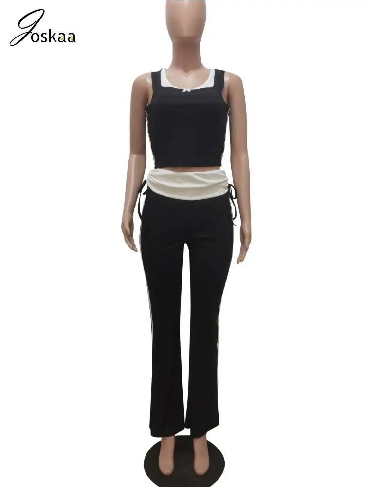 Women's Knit Crop Flare Ribbed Two Piece Set Black – Back View