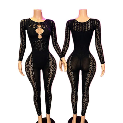 Women's Leopard Print Cutout Long Sleeve Romper Black – Detail View