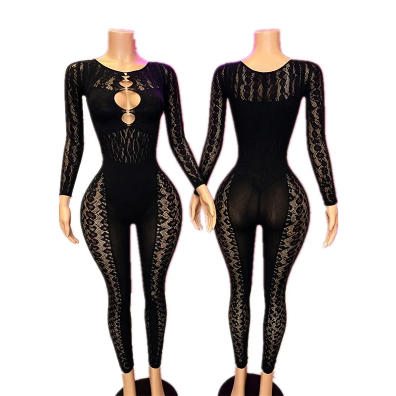Women's Leopard Print Cutout Long Sleeve Romper Black – Detail View