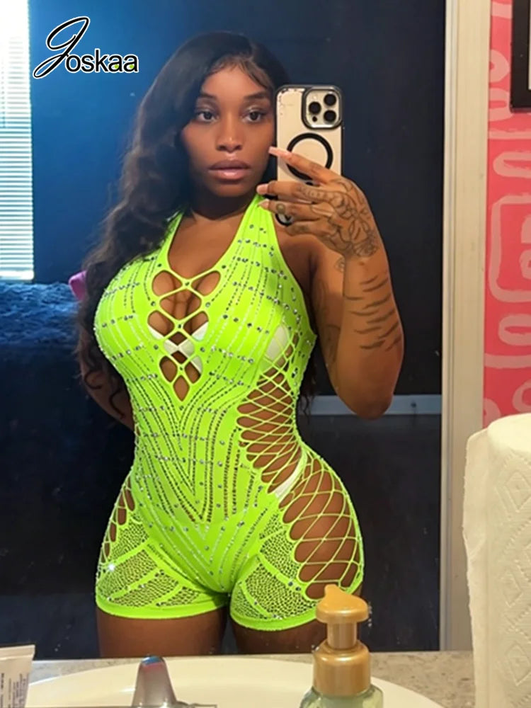 Women's Rhinestone Backless Cutout Romper Black – Front View