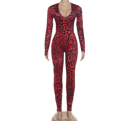 Women's Leopard Print Backless Long Sleeve Romper