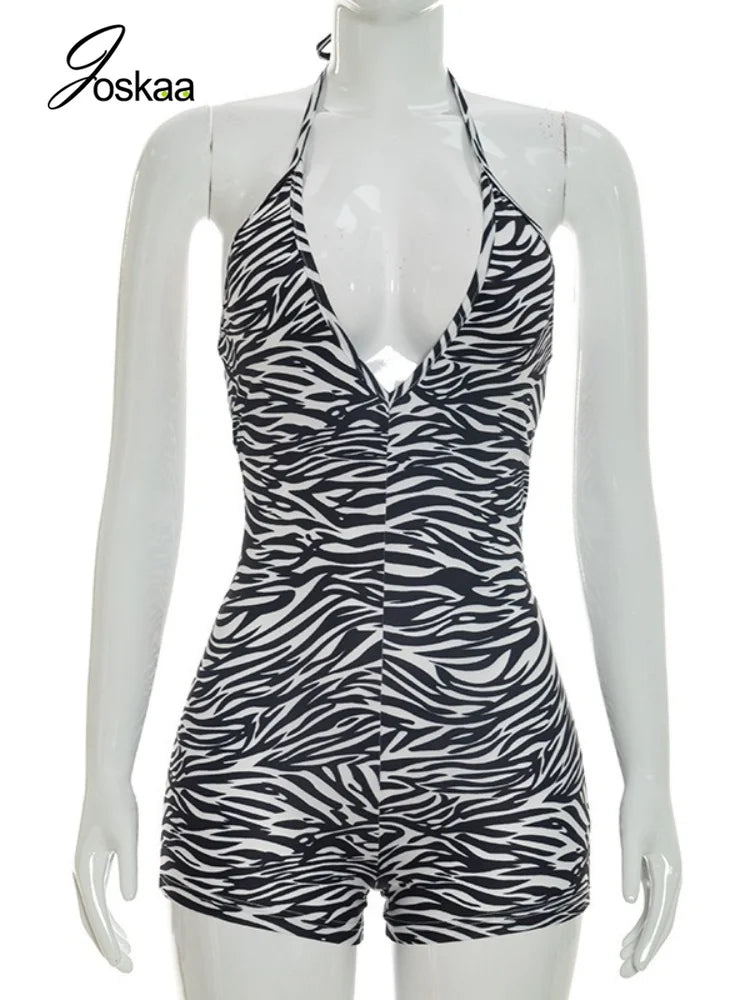 Women's Zebra Print Striped V-neck Halter Romper - Detail View 3
