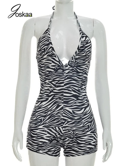 Women's Zebra Print Striped V-neck Halter Romper - Detail View 3