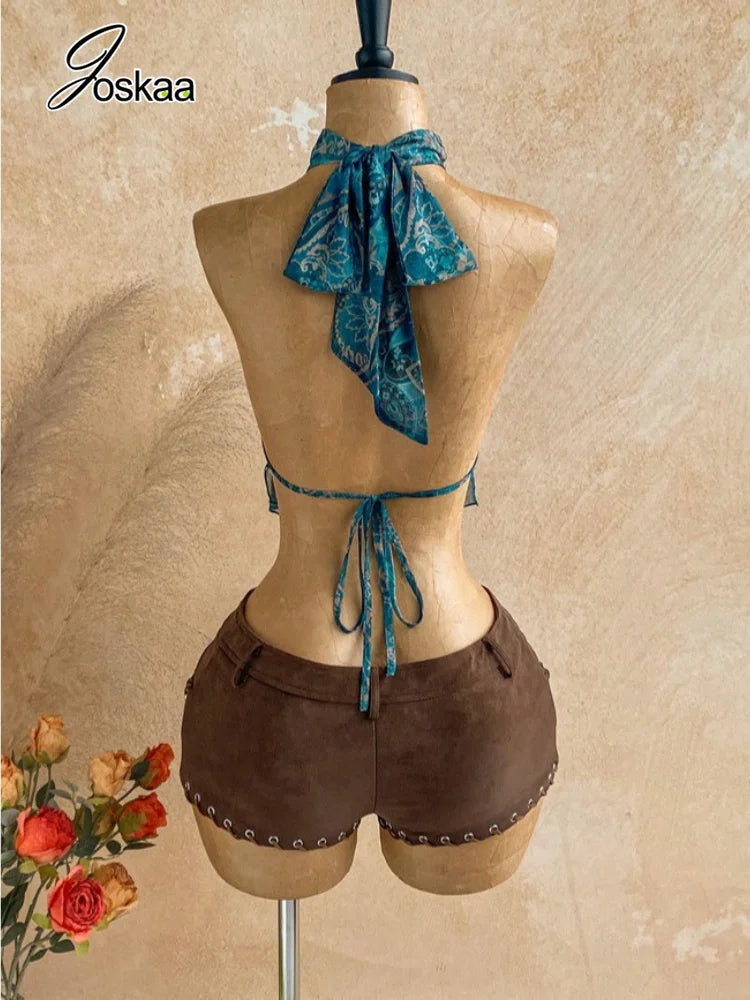 Women's Mesh Backless V-neck Halter Top Print Bandage Tank - Side View