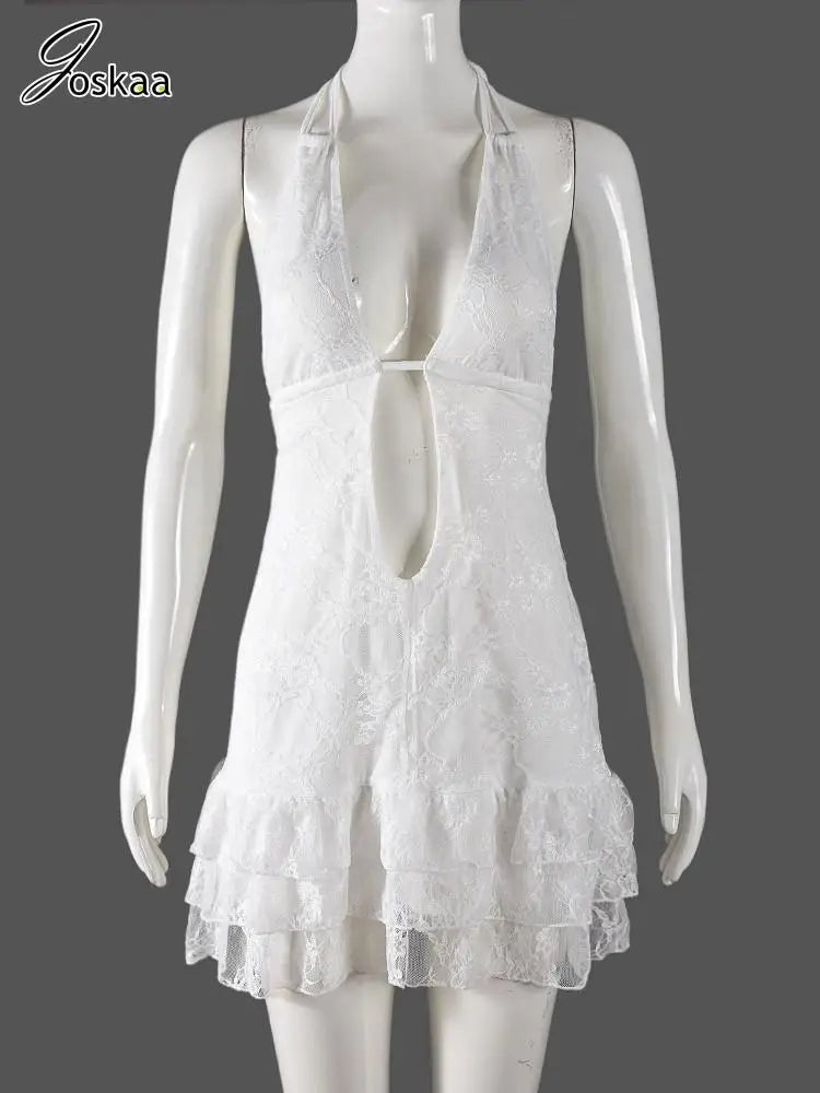 Women's Lace Backless Halter Bodycon Mini Dress White – Back View