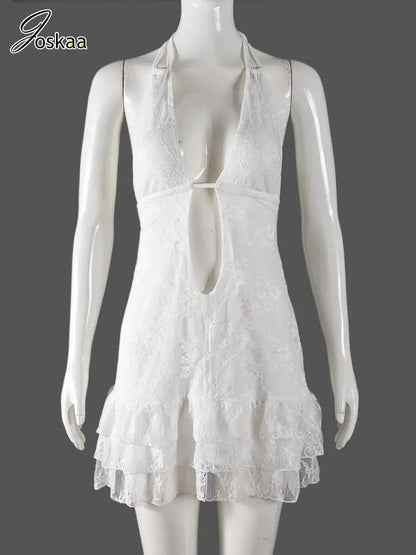 Women's Lace Backless Halter Bodycon Mini Dress White – Back View