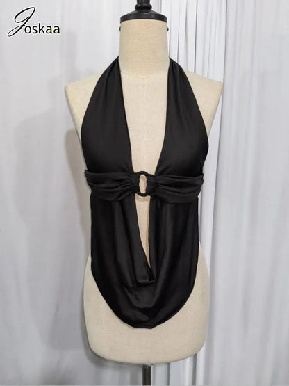 Women's Lace Backless Halter Lace-up Vests Deep Top Black – Detail View