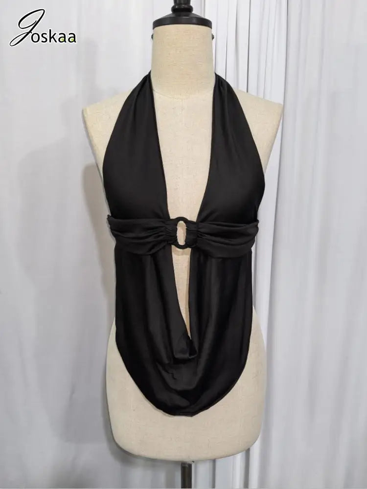 Women's Lace Backless Halter Lace-up Vests Deep Top Black – Detail View
