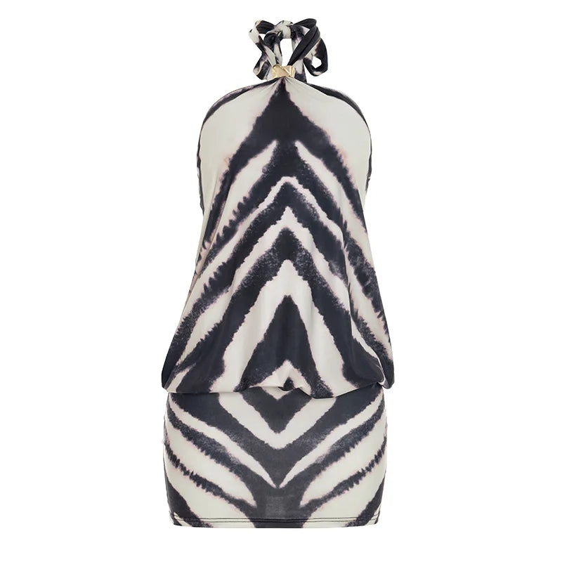 Women's Zebra Print Striped Halter Sleeveless Mini Dress - Additional View 7