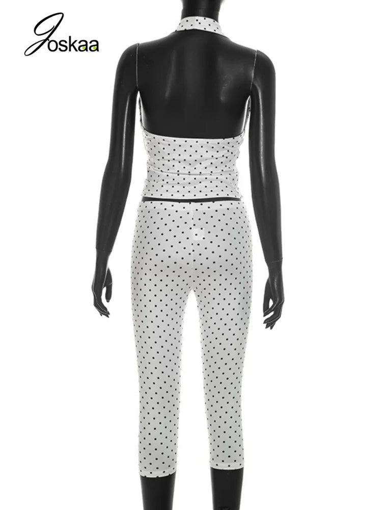Women's Polka Dot Backless Halter Two Piece Set Yellow – Detail View