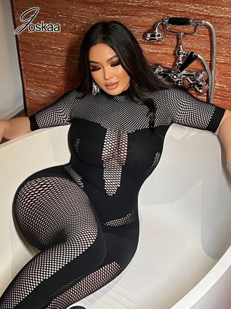 Women's Mesh Cutout Bodycon Jumpsuit Romper Black – Back View