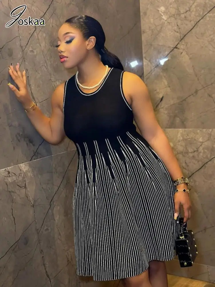 Women's Stripe Knit Sleeveless Ribbed Dress – Women's Fashion Wholesale – Front View