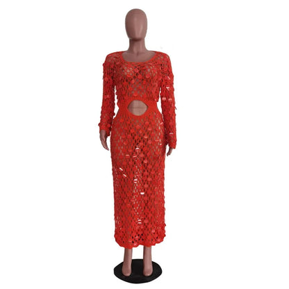 Women's Sequin Knit Cutout Long Sleeve Maxi Dress