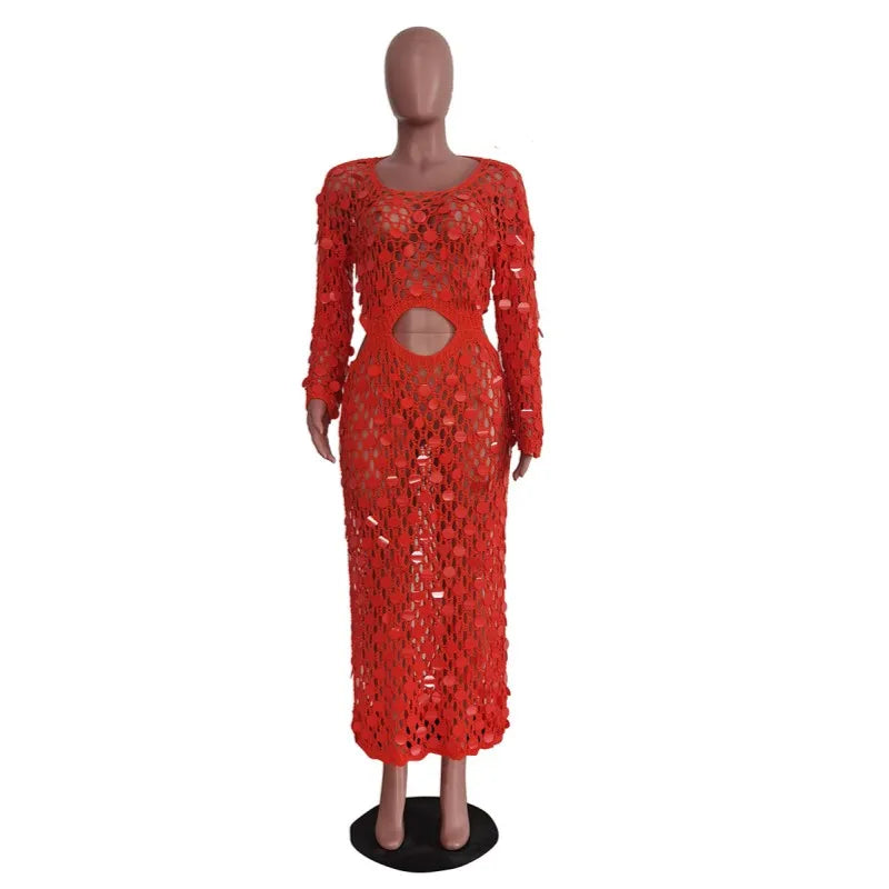 Women's Sequin Knit Cutout Long Sleeve Maxi Dress