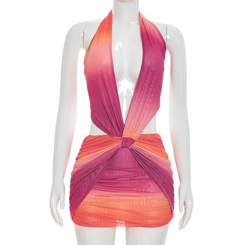 Women's Mesh Ruched Backless Halter Mini Dress
