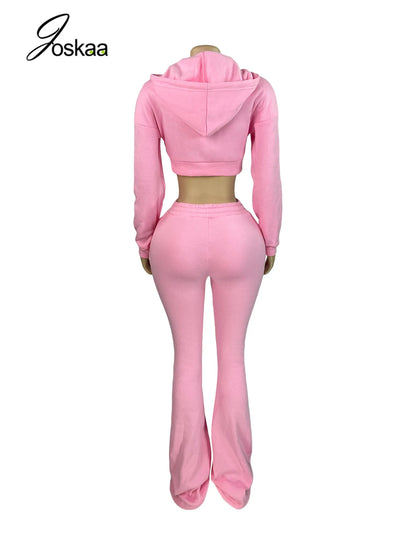 Wholesale Women's Crop Zip Hooded Two Piece Set Pink – Detail View