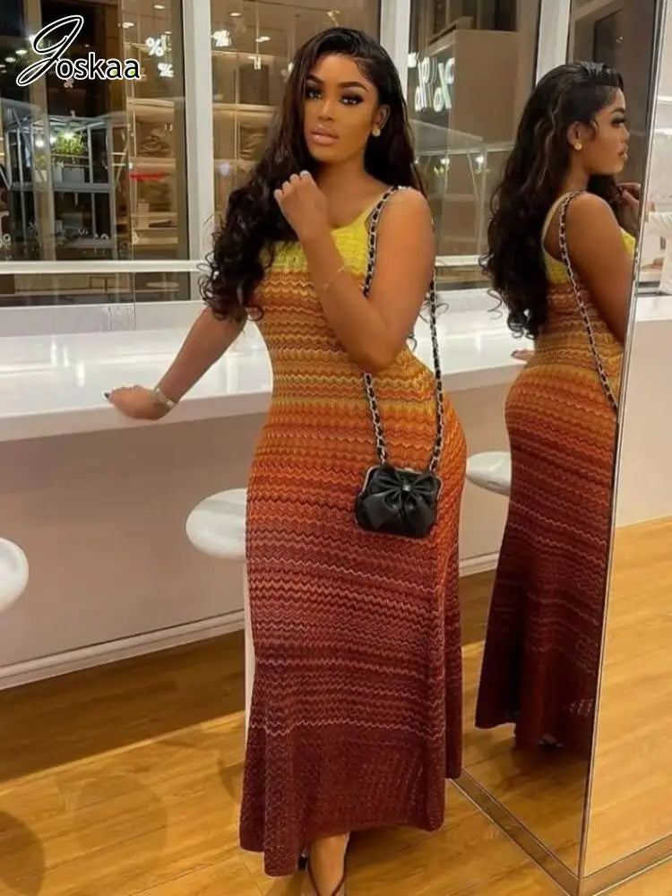 Wholesale Women's Stripe Knit Ribbed Maxi Dress Blue – Front View