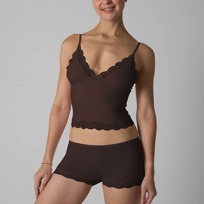 Women's Lace Crop Trim Camisole and Two Piece Set