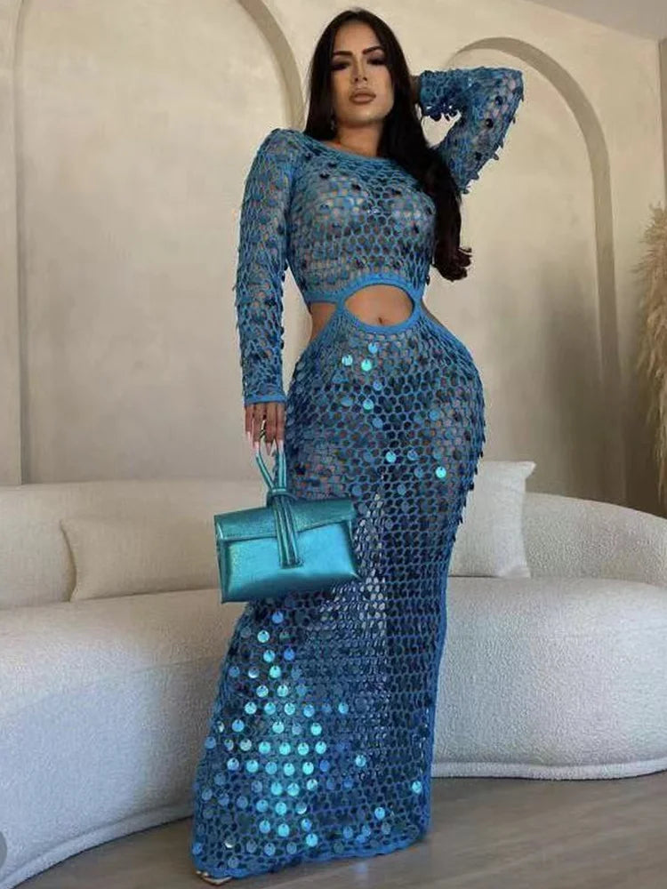 Women's Sequin Knit Cutout Long Sleeve Maxi Dress – Women's Fashion Wholesale – Front View