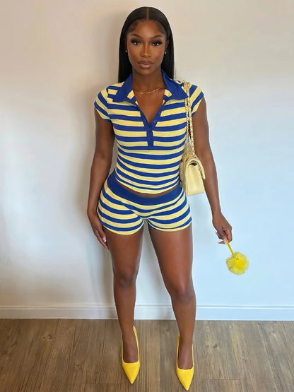 Women's Stripe Short Sleeve Crop Two Piece Set