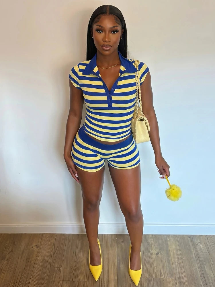 Women's Stripe Short Sleeve Crop Two Piece Set