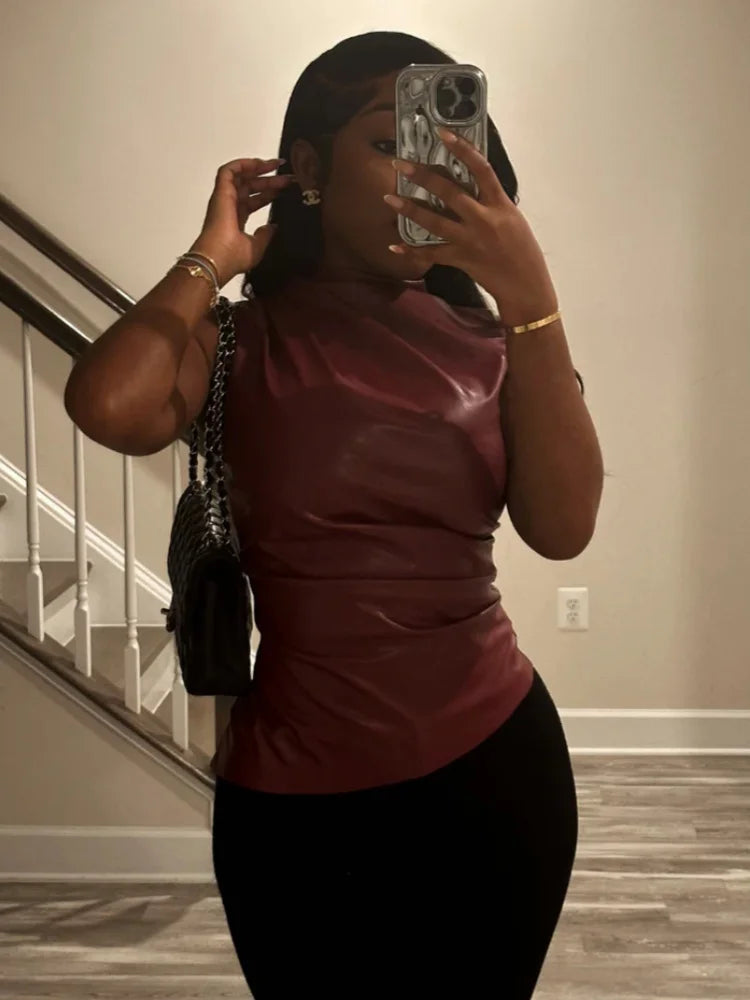 Women's Faux Leather Zip Stretch Vests Top – Women's Fashion Wholesale – Front View