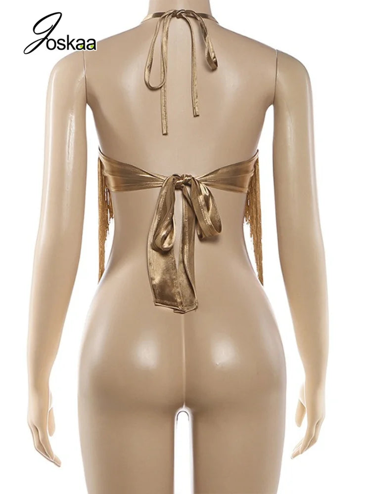 Women's Backless Halter Sleeveless Bikini Set Khaki – Detail View