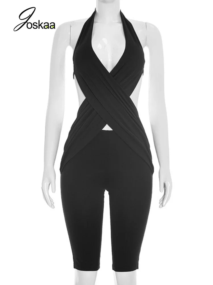 Women's V-neck Halter Bodycon Romper - Back View