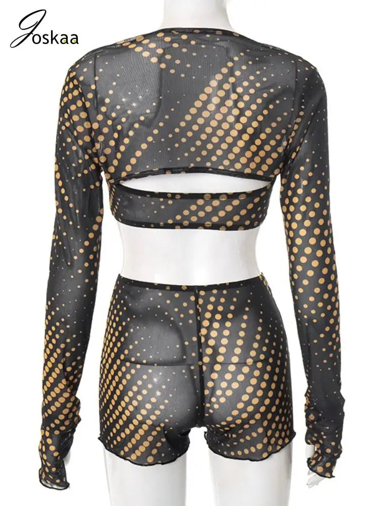 Women's Polka Dot Mesh Strapless Two Piece Set Black – Detail View