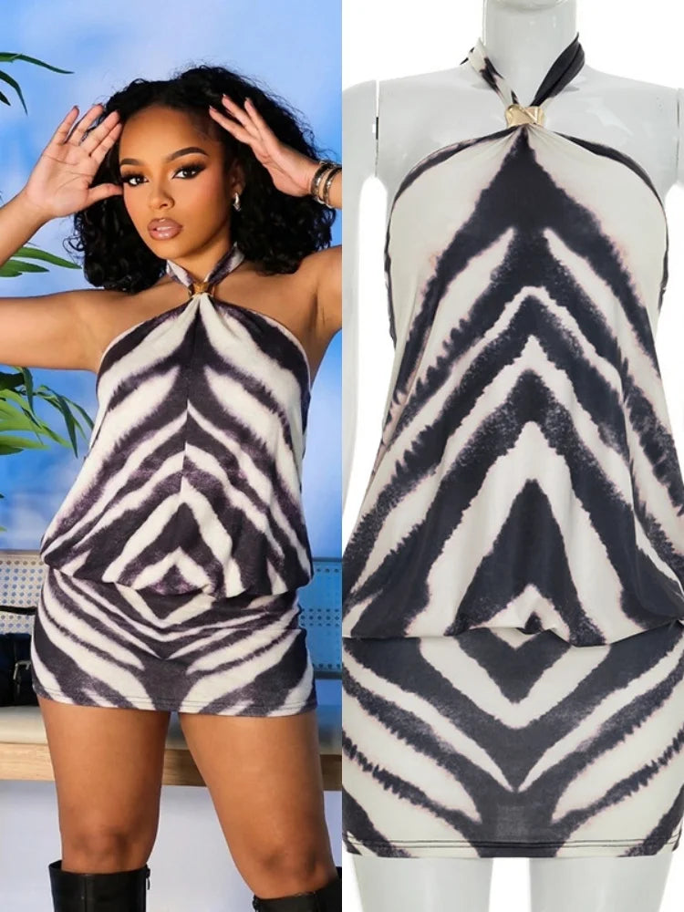 Women's Zebra Print Striped Halter Sleeveless Mini Dress - Additional View 8