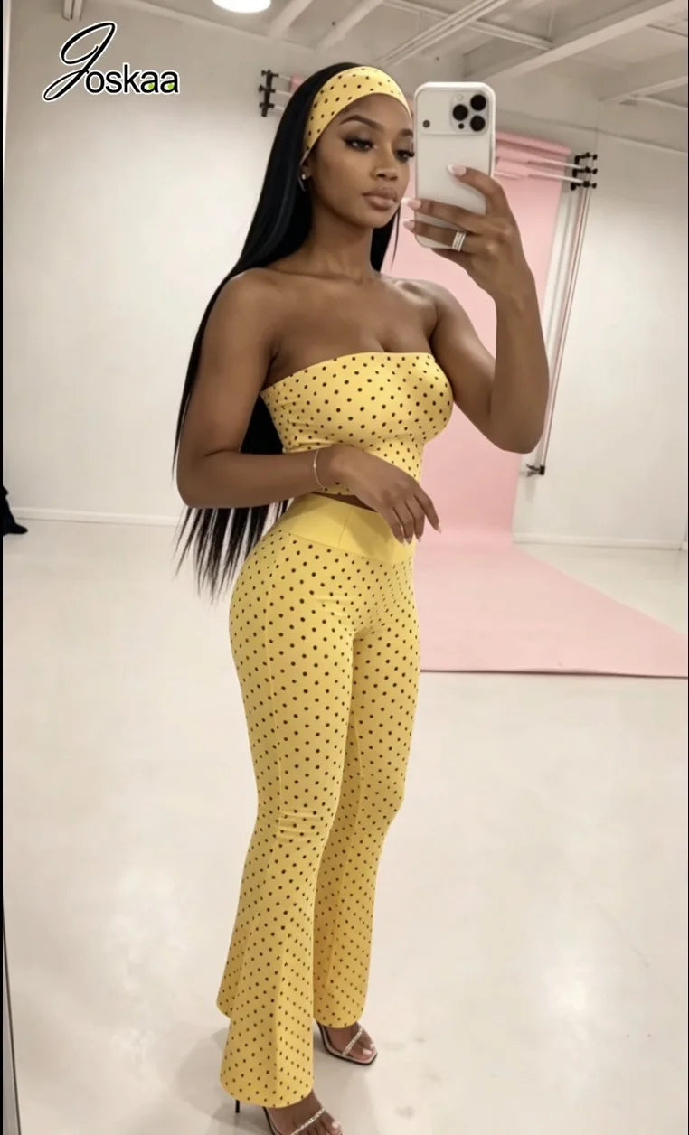 Women's Polka Dot Strapless Crop Two Piece Set Yellow – Back View