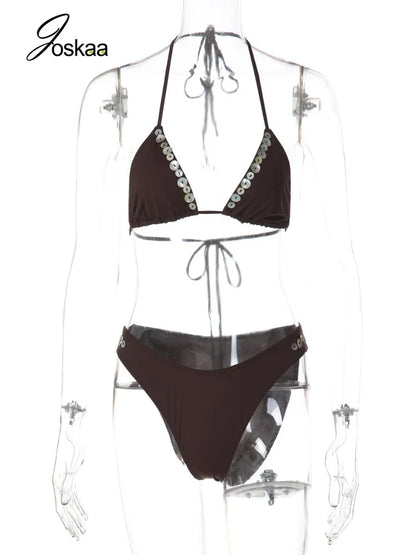 Women's Halter Swimwear Shell Buckle Bikini Set Black – Back View