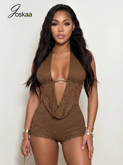 Women's Lace Backless Halter Two Piece Set Black – Side View
