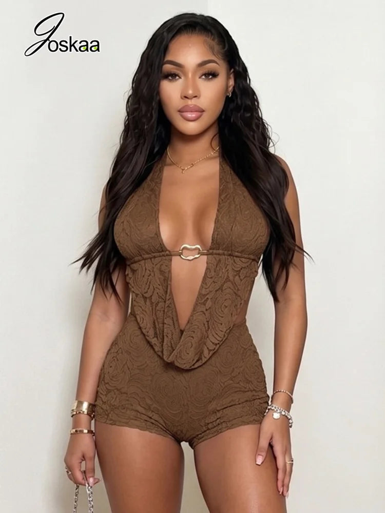 Women's Lace Backless Halter Two Piece Set Black – Side View