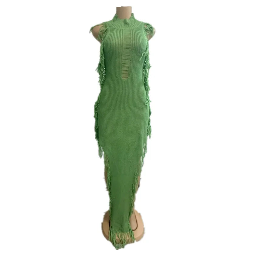 Women's Knit Ribbed Tassels Irregular Bodycon Dress