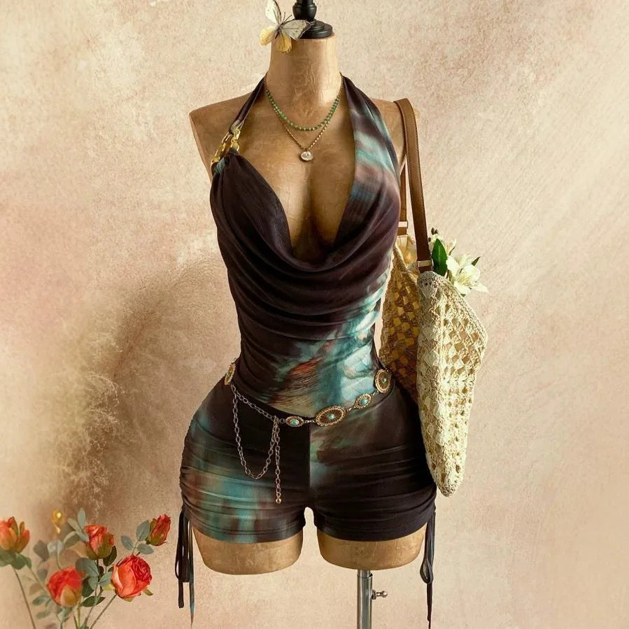 Women's Mesh Backless Halter Bodycon Romper