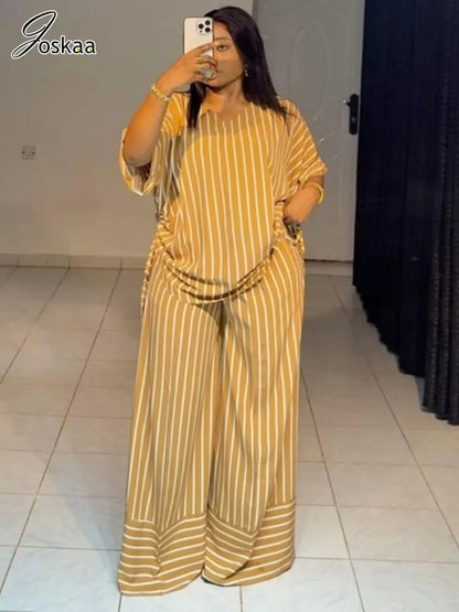 Women's Stripe Short Sleeve Flare Two Piece Set – Women's Fashion Wholesale – Front View