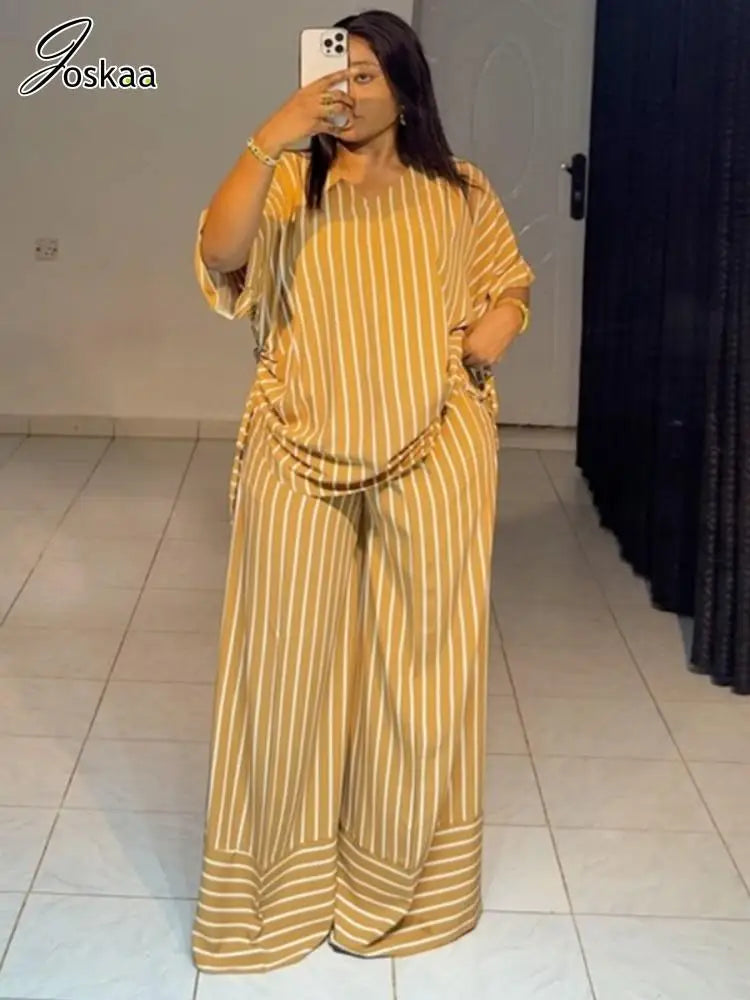 Women's Stripe Short Sleeve Flare Two Piece Set – Women's Fashion Wholesale – Front View