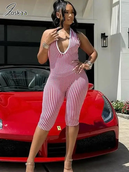Women's Stripe Backless Halter Bodycon Romper Red – Front View