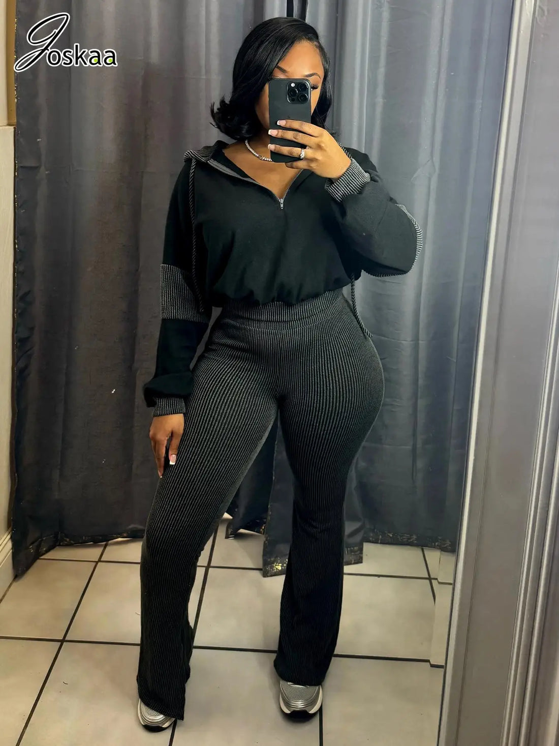 Women's Long Sleeve Flare Hooded Two Piece Set Gray – Front View