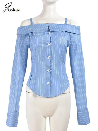 Women's Stripe Long Sleeve Striped Blue Top Blue – Back View