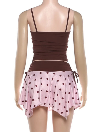 Women's Polka Dot Ruched Crop Two Piece Set Coffee – Detail View