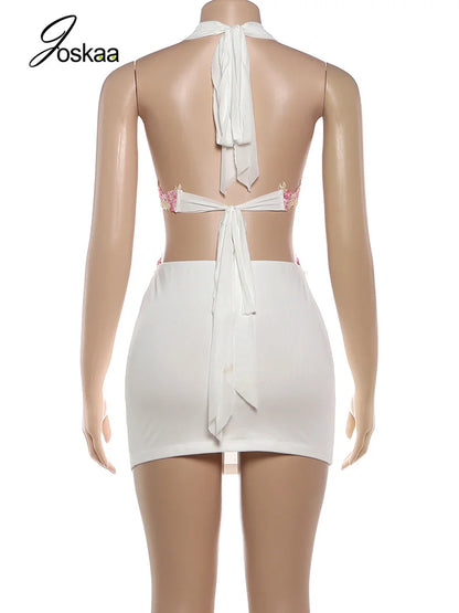 Women's Floral Print Backless Cutout Mini Dress White – Detail View