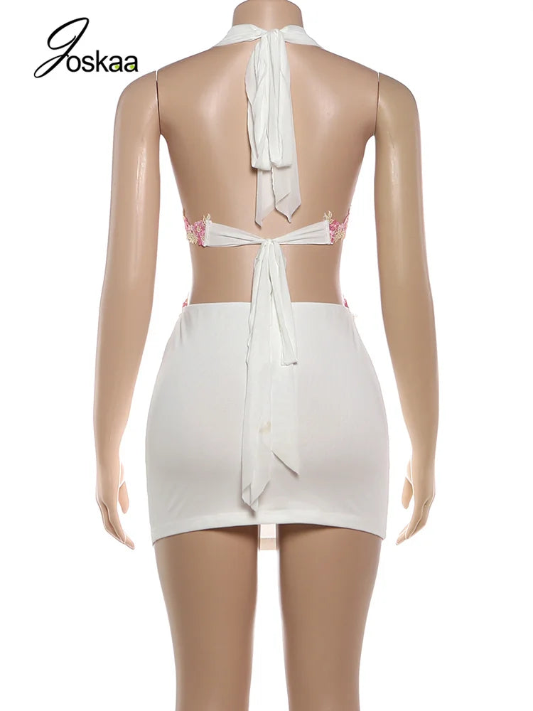 Women's Floral Print Backless Cutout Mini Dress White – Detail View