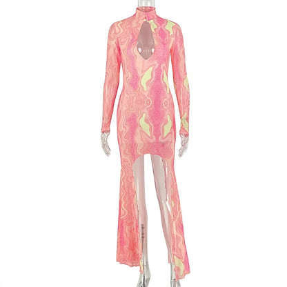 Women's Swirl Print Mesh Cutout Long Sleeve Maxi Dress - Additional View 9