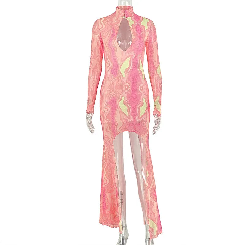 Women's Swirl Print Mesh Cutout Long Sleeve Maxi Dress - Additional View 9