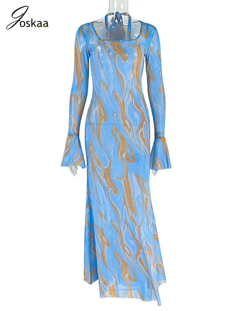 Women's Mesh Long Sleeve Bodycon Maxi Dress Colorful – Back View