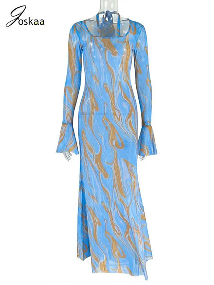Women's Mesh Long Sleeve Bodycon Maxi Dress Colorful – Back View